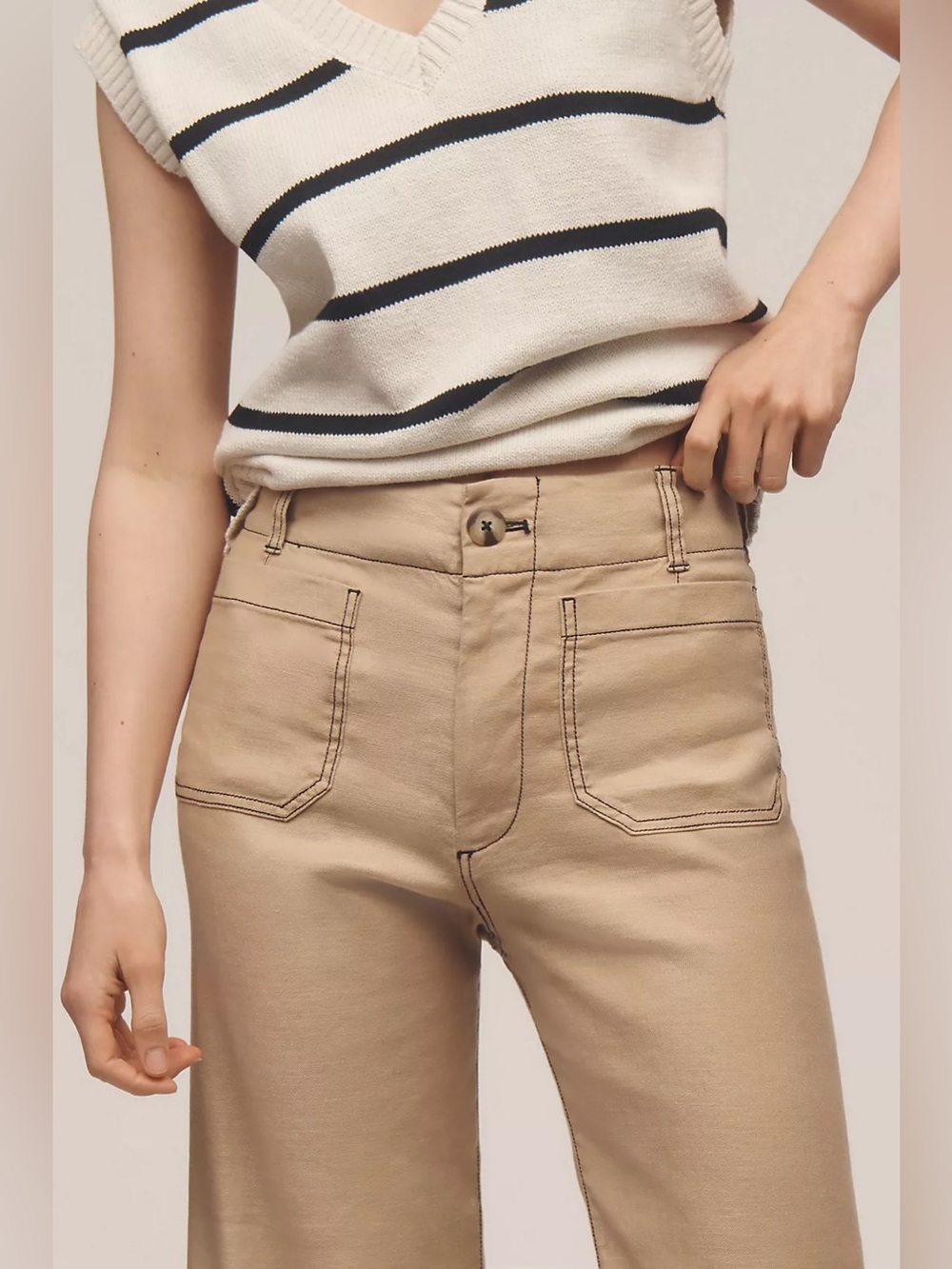 Anthropologie Maeve The Colette Cropped Wide-Leg Pants Contrast-Stitch Linen 31 - Picture 4 of 11